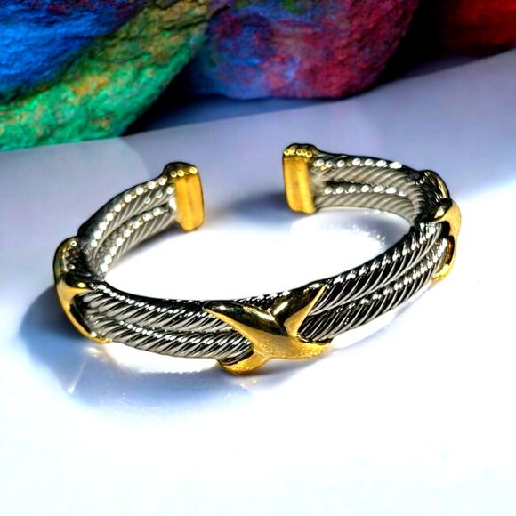 Silver Gold Tone Twisted Metal Bracelet Cuff Deadstock New in pack - Picture 2 of 16
